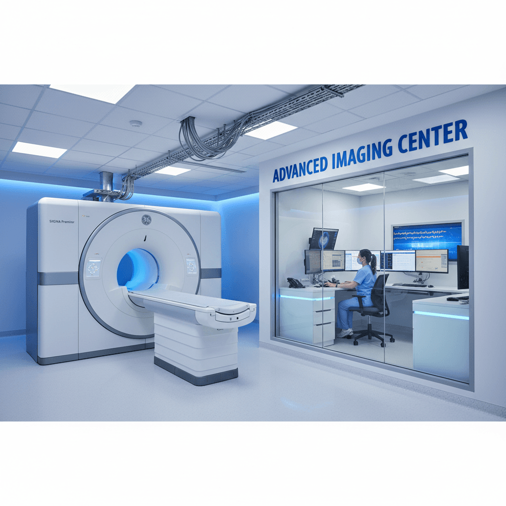 Complete MRI system installation with technician at console