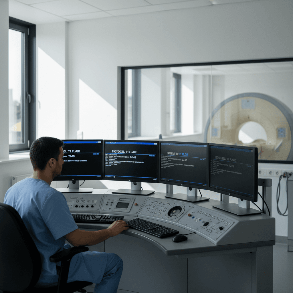 MRI control room displaying field strength parameters