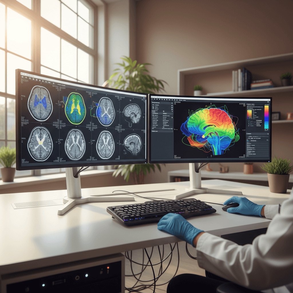 Diagnostic software workstation displaying MRI brain scans