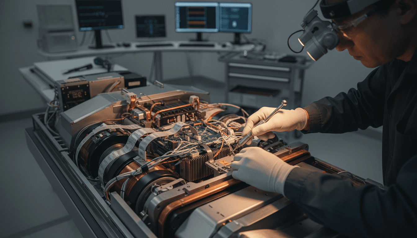 MRI equipment maintenance technician performing detailed inspection of scanner components